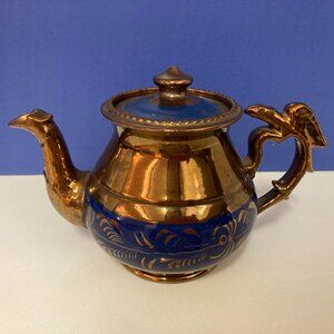 Antique Teapot, Charming ceramic in cobolt blue and copper glazes.